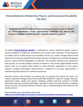 Printed Batteries Market Key Players and Investment Feasibility Till 2022