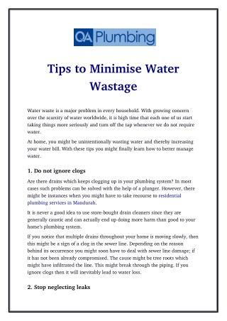 Tips to Minimise Water Wastage