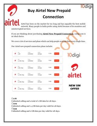 Buy Airtel New Prepaid Connection with 10digi