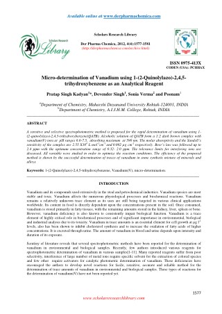 Micro-determination of Vanadium using 1-(2-Quinolylazo)-2,4,5- trihydroxybenzene as an Analytical Reagent