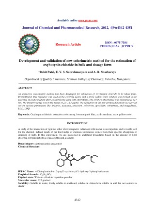 Development and validation of new colorimetric method for the estimation of oxybutynin chloride in bulk and dosage form