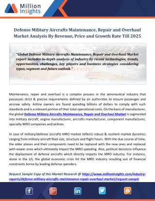 Defense Military Aircrafts Maintenance, Repair and Overhaul Market Analysis By Revenue, Price and Growth Rate Till 2025