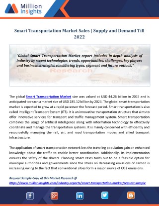 Smart Transportation Market Sales | Supply and Demand Till 2022