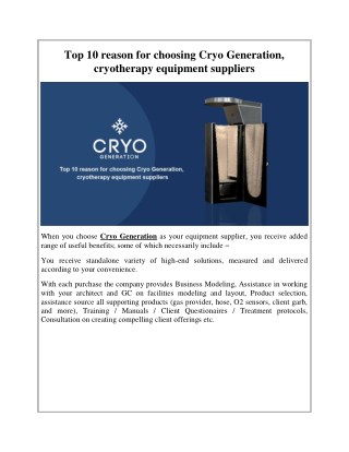 Top 10 reason for choosing Cryo Generation, cryotherapy equipment suppliers