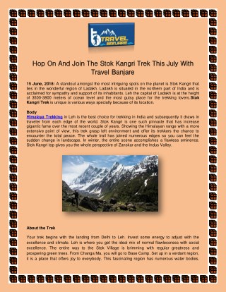 Hop On And Join The Stok Kangri Trek This July With Travel Banjare