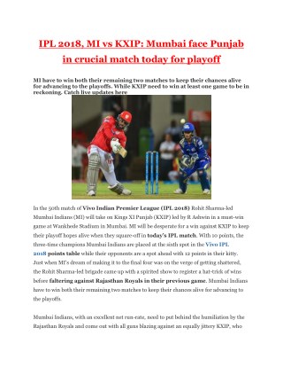 IPL 2018, MI vs KXIP: Mumbai face Punjab in crucial match today for playoff