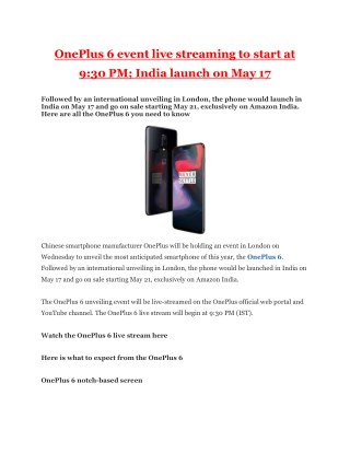 OnePlus 6 event live streaming to start at 9:30 PM; India launch on May 17