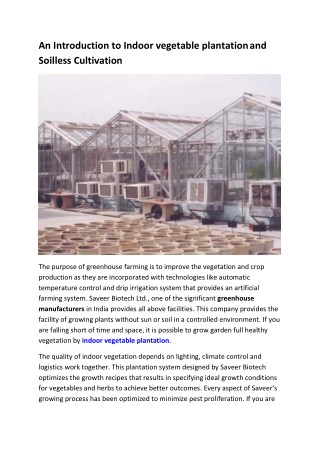 An Introduction to Indoor vegetable plantation and Soilless Cultivation