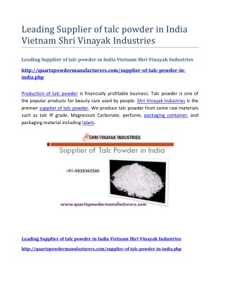 Leading Supplier of talc powder in India Vietnam Shri Vinayak Industries