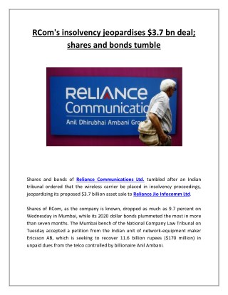RCom's insolvency jeopardises $3.7 bn deal; shares and bonds tumble | Business Standard News