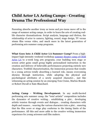 Child Actor LA Acting Camps - Creating Drama The Professional Way