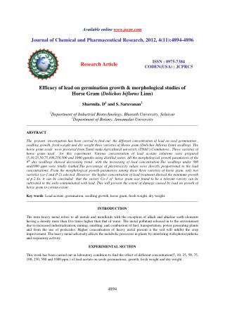 Efficacy of lead on germination growth & morphological studies of Horse Gram (Dolichos biflorus Linn)