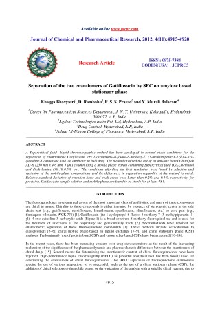 Separation of the two enantiomers of Gatifloxacin by SFC on amylose based stationary phase