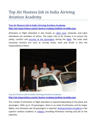 Top Air Hostess Job in India Airwing Aviation Academy