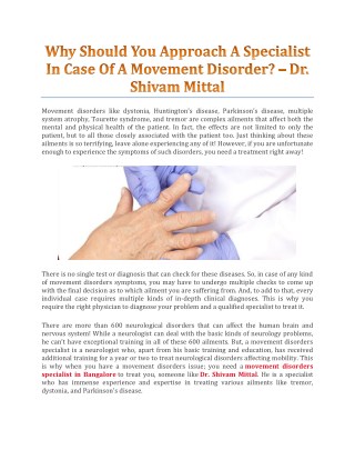 Why Should You Approach A Specialist In Case Of A Movement Disorder? - Dr. Shivam Mittal