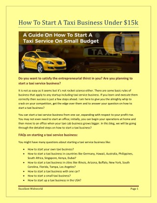 How To Start A Taxi Business Under $15k