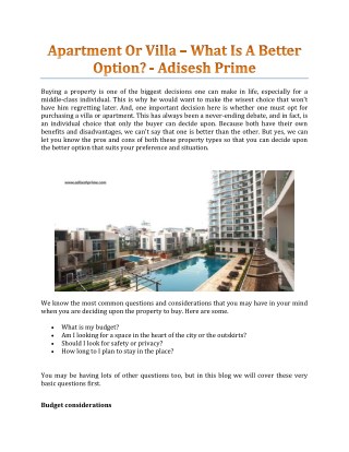 Apartment Or Villa â€“ What Is A Better Option? - Adisesh Prime