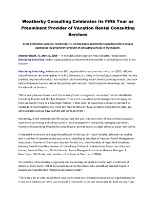 Weatherby Consulting Celebrates Its Fifth Year as Preeminent Provider of Vacation Rental Consulting Services