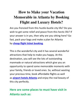 How to Make your Vacation Memorable in Atlanta by Booking Flight and Luxury Hotels?
