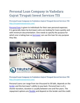 Personal Loan Company in Vadodara Gujrat Tirupati Invest Services TIS