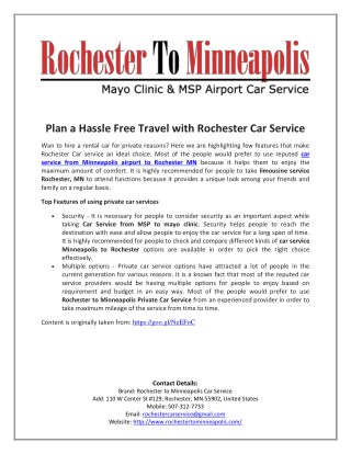 Plan a Hassle Free Travel with Rochester Car Service