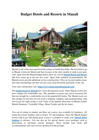 Budget Hotels and Resorts in Manali