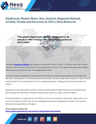 Global Glyphosate Industry Revenue Likely To Reach $9 Billion By 2024 - Hexa Research