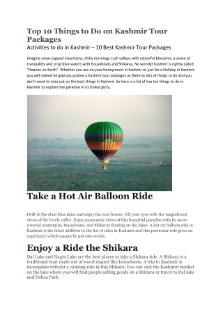 Top 10 Things to Do on Kashmir Tour Packages