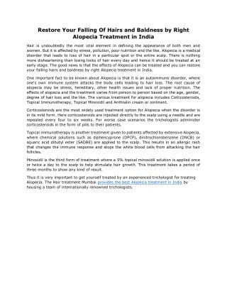 Restore Your Falling Of Hairs and Baldness by Right Alopecia Treatment in India