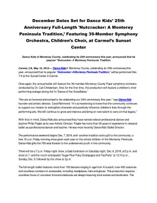 December Dates Set for Dance Kidsâ€™ 25th Anniversary Full-Length 'Nutcracker: A Monterey Peninsula Tradition,â€™ Featur