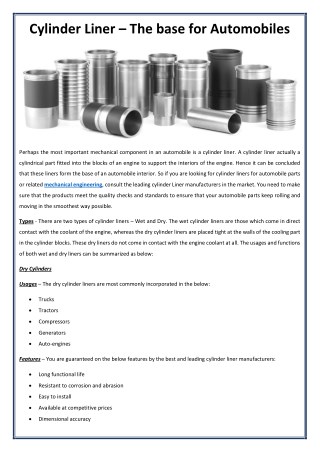 Cylinder Liner â€“ The Base for Automobiles