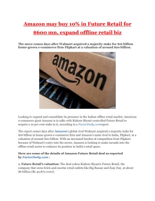 Amazon may buy 10% in future retail for $600 mn, expand offline retail biz