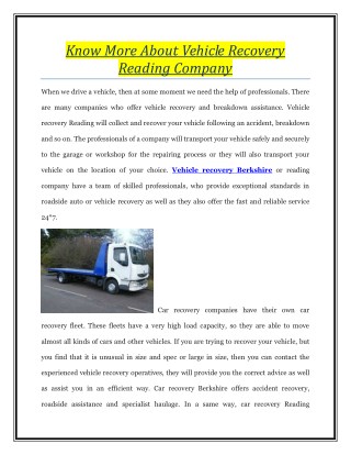 Know More About Vehicle Recovery Reading Company