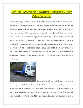 Vehicle Recovery Reading Company Offer 24/7 Service