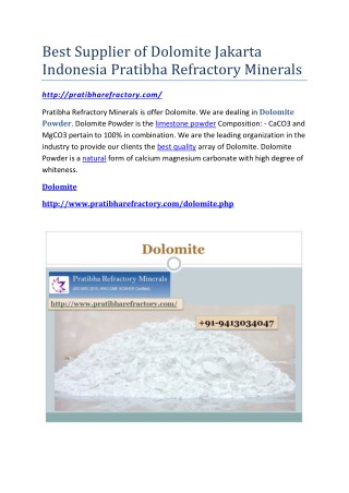 Best Supplier of Dolomite Jakarta Indonesia Pratibha Refractory Minerals