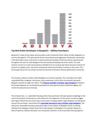 Top Real Estate Developers in Bangalore â€“ Adithya Developers