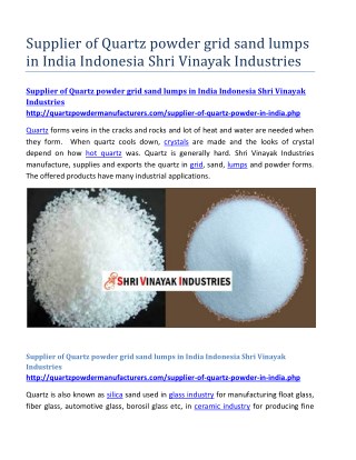 Supplier of Quartz powder grid sand lumps in India Indonesia Shri Vinayak Industries