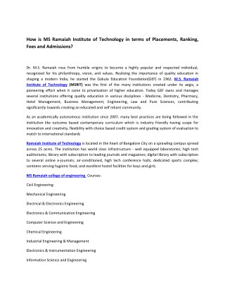 How is MS Ramaiah Institute of Technology in terms of Placements, Ranking, Fees and Admissions?