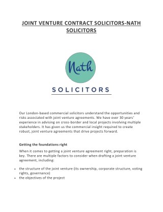 JOINT VENTURE CONTRACT SOLICITORS-NATH SOLICITORS