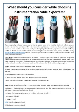Things to consider while choosing instrumentation cable exporters