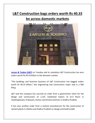 L&t construction bags orders worth rs 40 33 bn across domestic markets