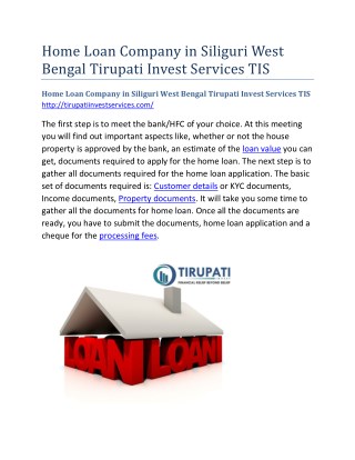 Home Loan Company in Siliguri West Bengal Tirupati Invest Services TIS