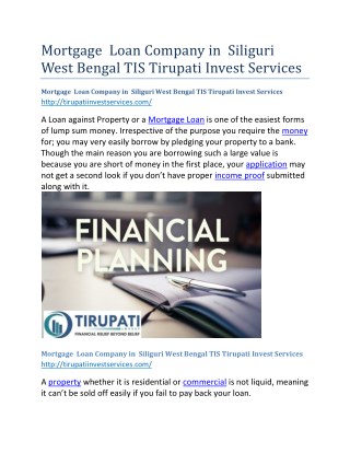 Mortgage Loan Company in Siliguri West Bengal TIS Tirupati Invest Services