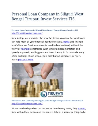 Personal Loan Company in Siliguri West Bengal Tirupati Invest Services TIS