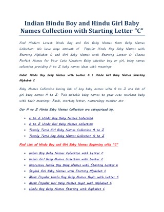 Indian Hindu Boy Baby Names with Letter C | Hindu Girl Baby Names Starting Alphabet C