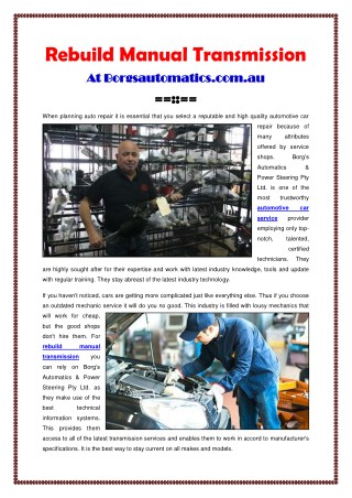 Rebuild Manual Transmission At Borgsautomatics.com.au