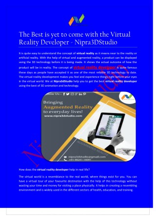 The Best is yet to come with the Virtual Reality Developer - Nipra3DStudio