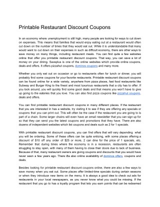 Printable Restaurant Discount Coupons