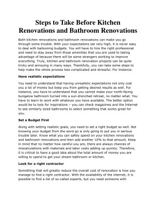 Steps to Take Before Kitchen Renovations and Bathroom Renovations