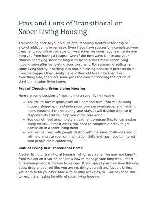 Pros and Cons of Transitional or Sober Living Housing